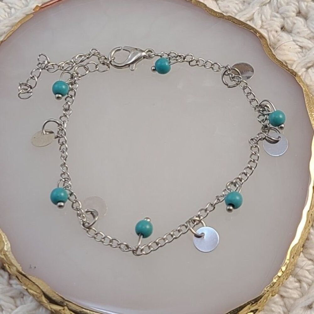 Boho Turquoise Bead Disc Charm Dangle Bracelet 6.5" Silver Tone Western Gypsy